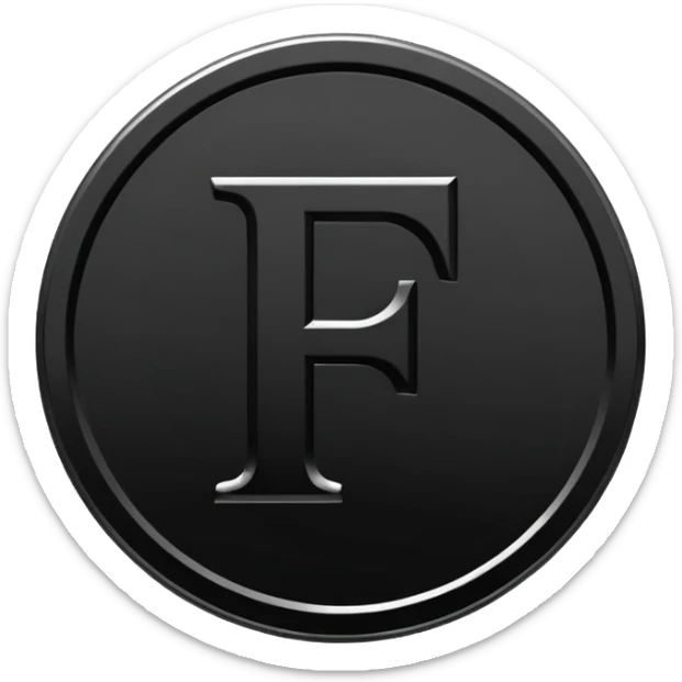 Emoji icon of a black coin with engraved letter F, minimalist style, isolated, only black color sticker