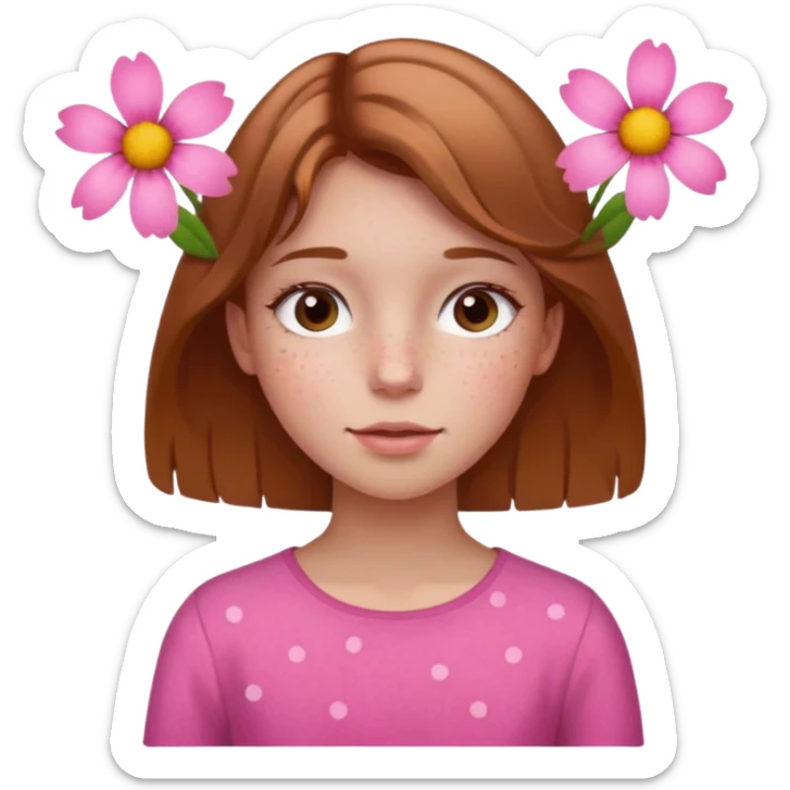 Girl with With light brown hair and a summer pink flower on her head and freckles sticker