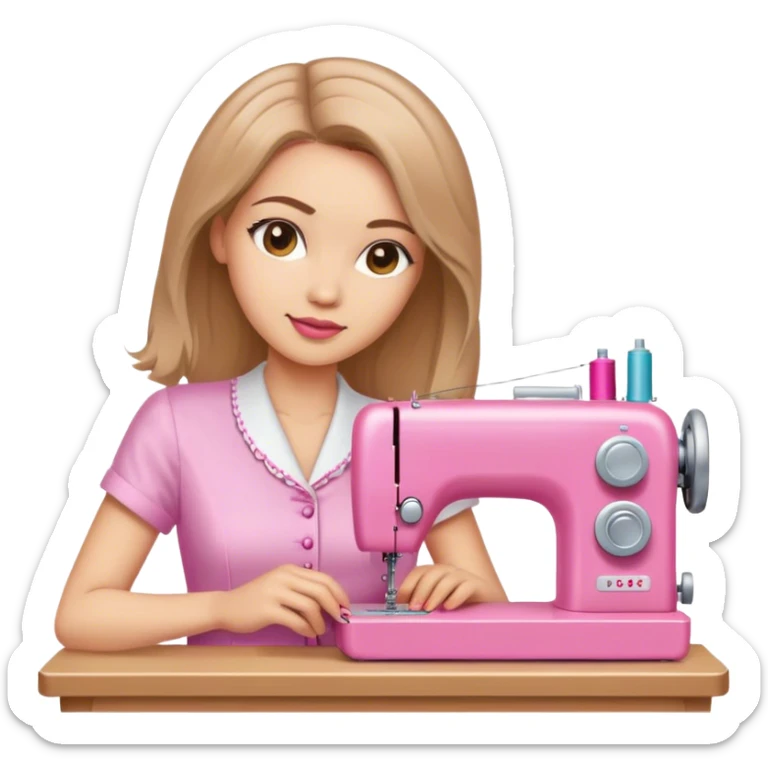 Mujer bonita cabello a la altura de hombros color marrón claro costurera con máquina de coser rosada  sticker