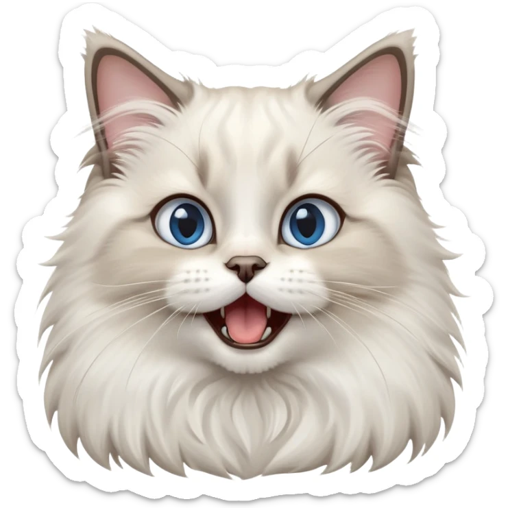 cinematic-adorable-big-eyed-fluffy-ragdoll-cat-portrait-emoji,-head-tilted-playfully-with-a-cute,-yawn,-white and grey fur,-simplified-yet-irresistibly-cute-features, blue eyes sticker