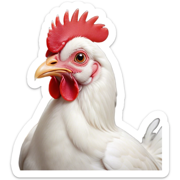 Cinematic Cute White Chicken Portrait Emoji, Head tilted playfully and inquisitively, featuring smooth, immaculate white feathers and a delicate red comb, round, sparkling beady eyes filled with curiosity, Simplified yet irresistibly adorable features, highly detailed, glowing with a warm, friendly glow, high shine, affectionate and lively, stylized with a touch of farmyard whimsy, bright and endearing, soft glowing outline, capturing the essence of a mischievous yet loving chicken, so playful it feels like it could peck out of the screen and into your arms! sticker