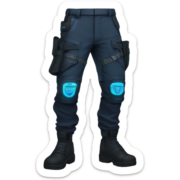 Futuristic slim-fit tactical pants with armored knee pads, glowing blue accents, and utility pockets, designed for an anime hero. Dark color scheme (black/navy) with cyberpunk details, tapering towards boots and matching a tactical jacket. sticker