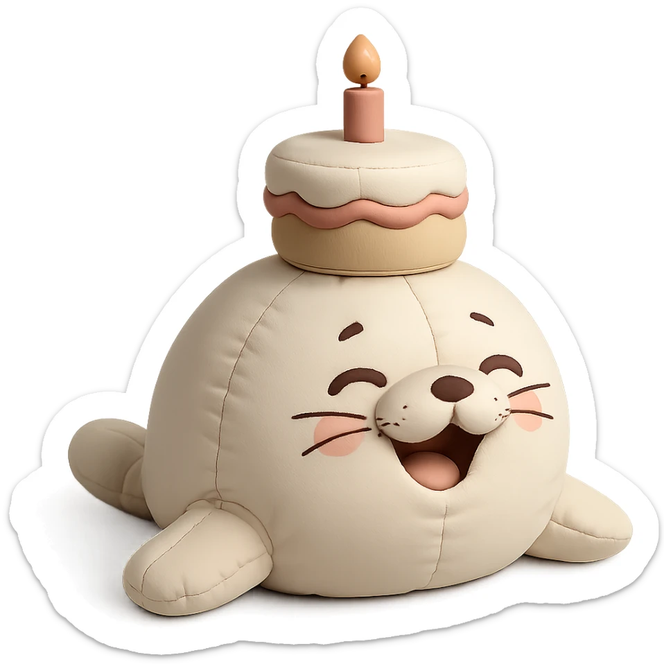 cutie baby seal balancing cake on head with laughing face in cushion style sticker