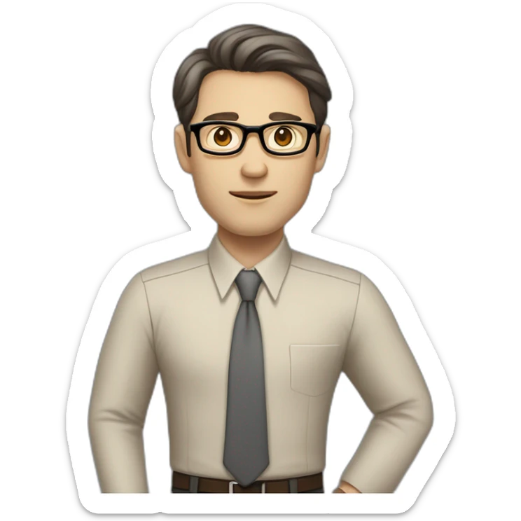 Full height Pale skinned Fit Man With dark brown hair in classic gray suit, beige office shirt, dark gray tie, and vintage glasses. His right hand stretched out sticker