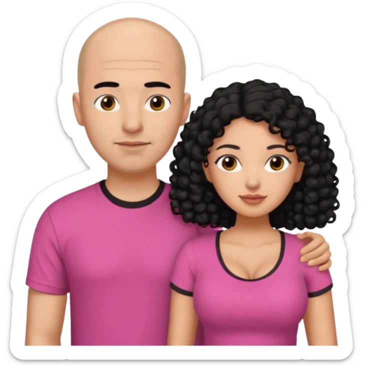 A picture if a couple. the man is a Mexican man with  black hair, a bald hair cut and with a black t-shirt on. the woman is mixed with black and white, with brown curly long hair and a pink shirt on and big boobs sticker