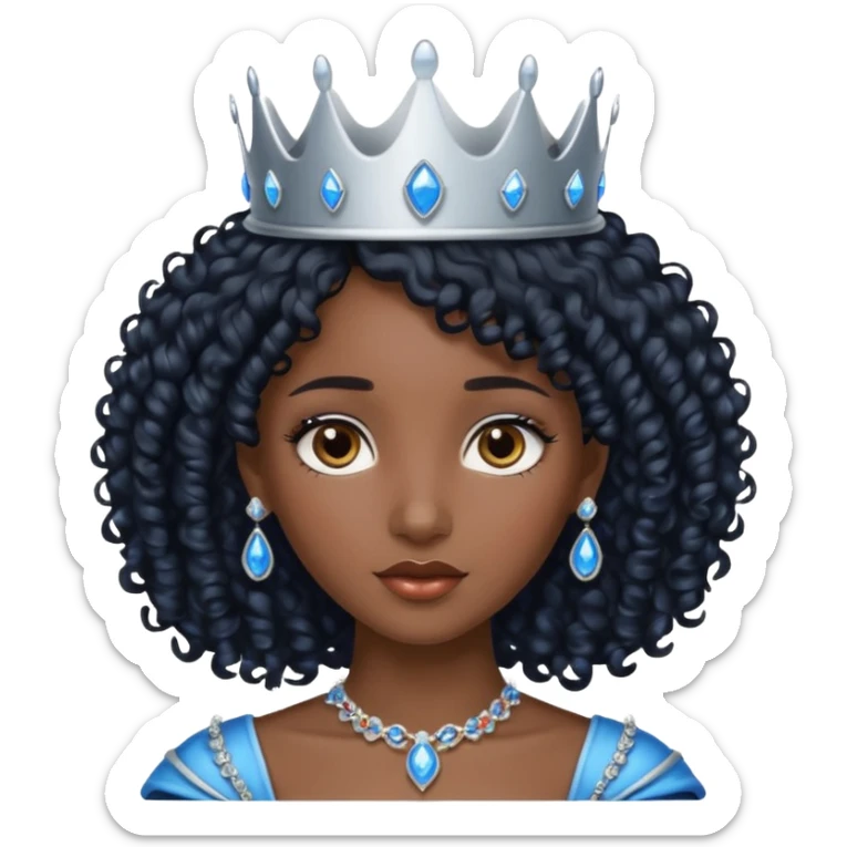 Por favor hazme el emoji de la princesa pero morena con el pelo negro y rizado, los ojos marrones y la corona plateada con jollas azules sticker