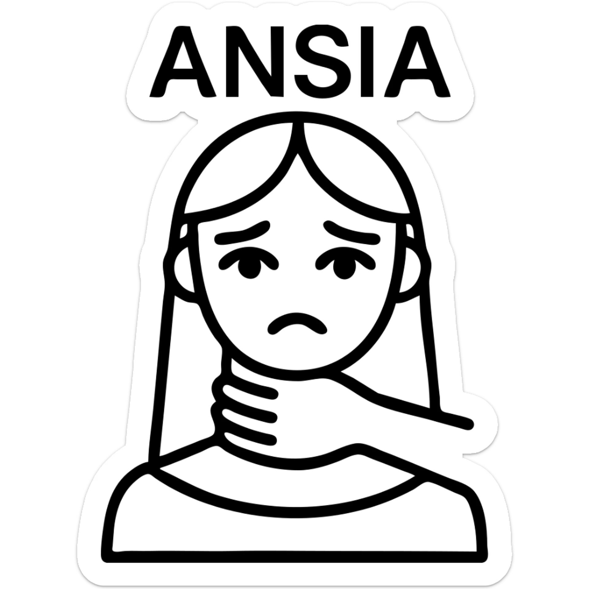 Stylized woman in black and white with sad eyes, a large black hand gripping her neck, text 'ANSIA' above the head, similar style to the reference, variant 7. sticker