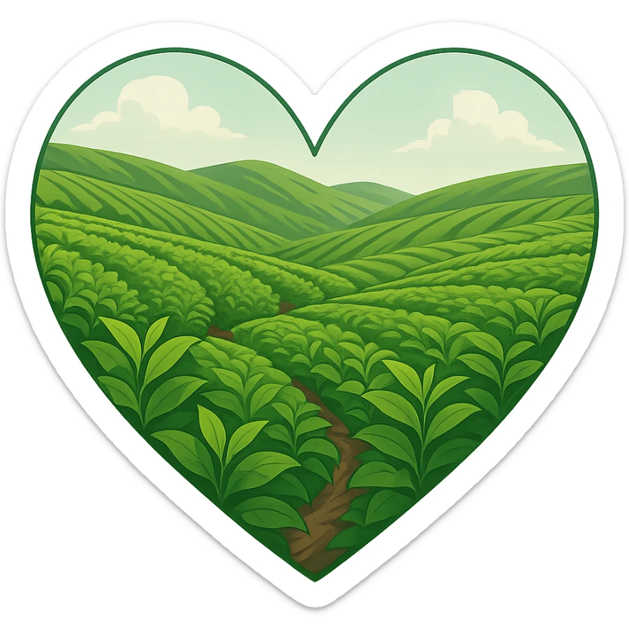 heart with a lush green tea plantation, clean digital illustration, no background sticker