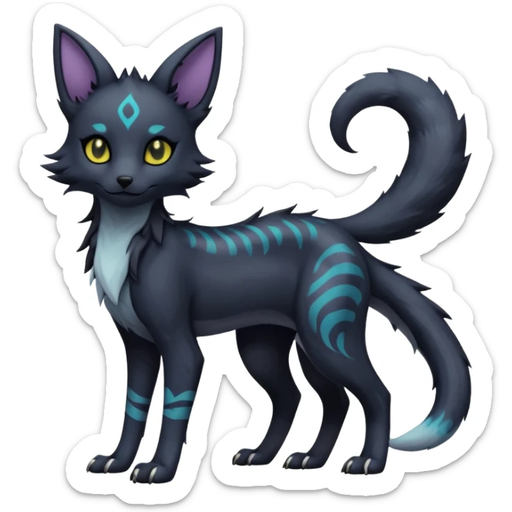 Kawaii dark edgy gloomy dusky dull-colored fantasy ethereal feline-vernid-sergal-umbreon-fursona animal creature with a tufted tail full body with intricate markings  sticker