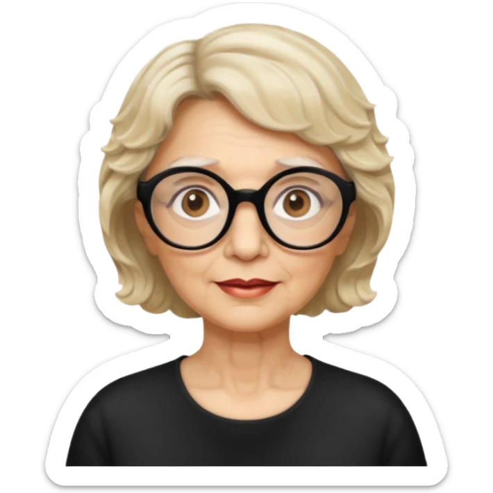 woman 70 years old, short blonde weavy hair, brown eyes and round dark glasses sticker