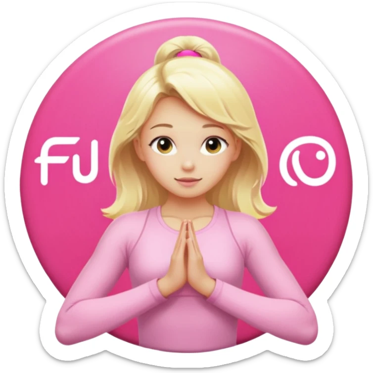 angelic blonde girl in light pink yoga outfit pushing "F U C K" pink button  sticker