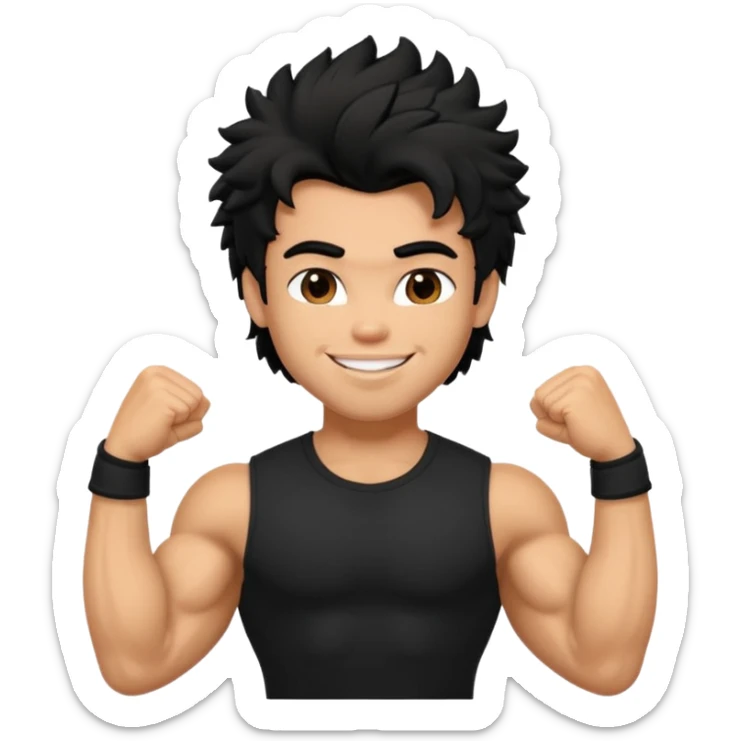a pretty bratz guy with black hair with big muscles and shaggy hair in a tight black tee smiling sticker