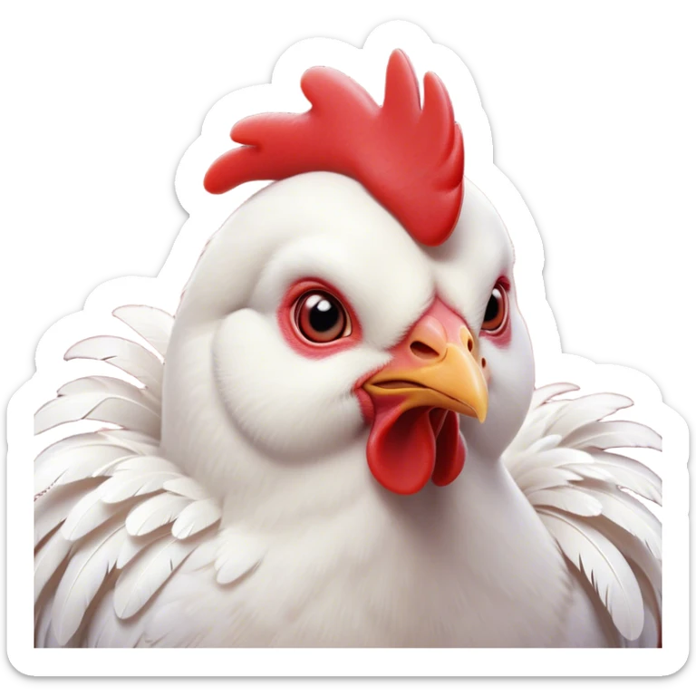 Cinematic Cute White Chicken Portrait Emoji, Head tilted playfully and inquisitively, featuring smooth, immaculate white feathers and a delicate red comb, round, sparkling beady eyes filled with curiosity, Simplified yet irresistibly adorable features, highly detailed, glowing with a warm, friendly glow, high shine, affectionate and lively, stylized with a touch of farmyard whimsy, bright and endearing, soft glowing outline, capturing the essence of a mischievous yet loving chicken, so playful it feels like it could peck out of the screen and into your arms! sticker