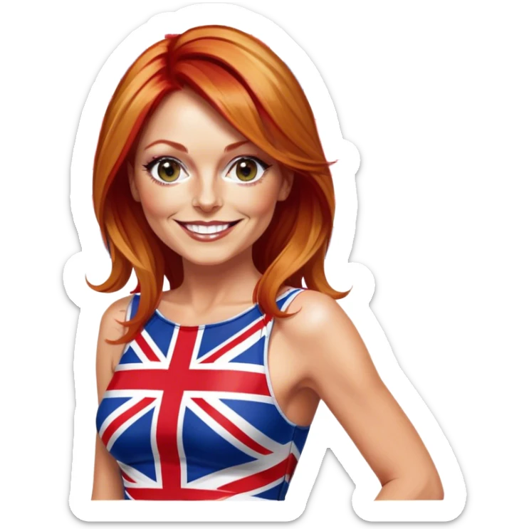 Geri Halliwell smiling with red hair and blonde highlights wearing a short bodycon Union Jack flag dress sticker