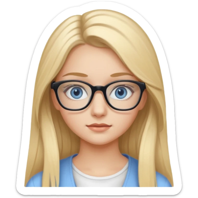 Fille 20ans qui a des cheveux long et blond  avec des lunettes et des yeux bleu- gris avec du mascara sur les yeux et un haut blanc sticker