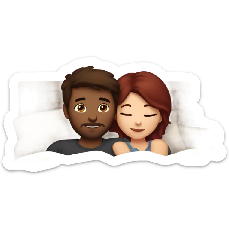 Burgundy haired girl and brunette boyfriend cuddling in bed sticker