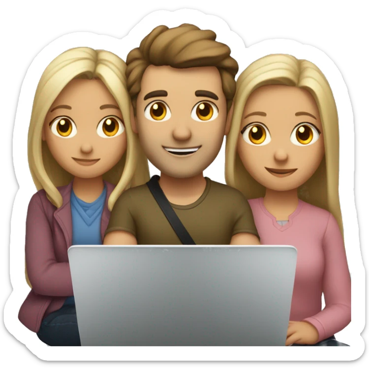 2 girl and 3 man each of them holding laptop and sit together  sticker