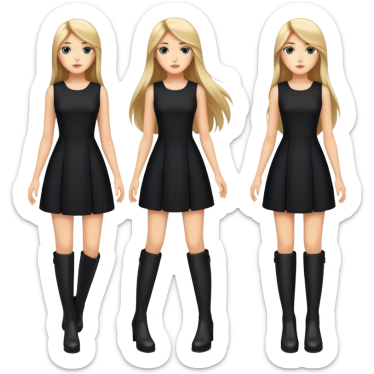 Straight handsome high girl with long hairs and black dress, black boots on heels sticker