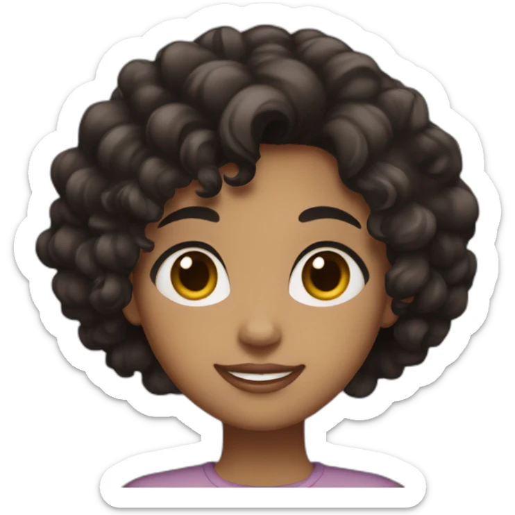 A girl with brown eyes, short black curly hair, a medium body, and burgundy skin sticker