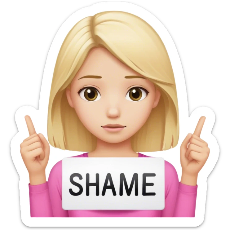 a girl with blonde hair wearing a pink top holding up a sign that says SHAME on it sticker