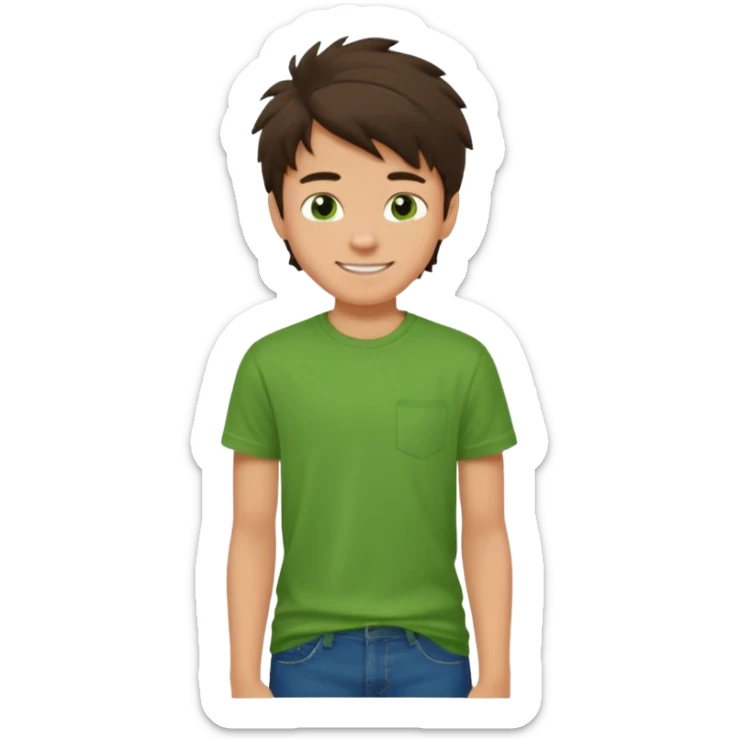 A 14 yerar old teenage boy, slightly tanned, wearing a green t-shirt , blue jeans and green sneakers with dark brown tousled hair, smirking sticker