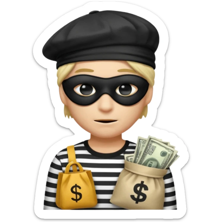 a short ios emoji-style portrait of a classic burglar, a black eye mask (looks like a blindfold) and a black-and-white striped shirt. emoji-like hair, black hat, ONE bag of money 💰 with a dollar sign in a right corner sticker