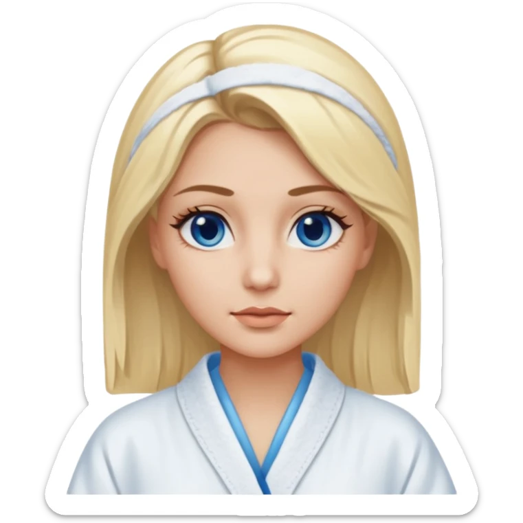 Blonde women, with brown eyes,  wearing a white spa robe with blue gel eye pads under her eyes. sticker