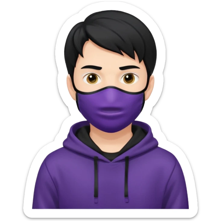 white man with black hair and black hoodie violett face mask sticker