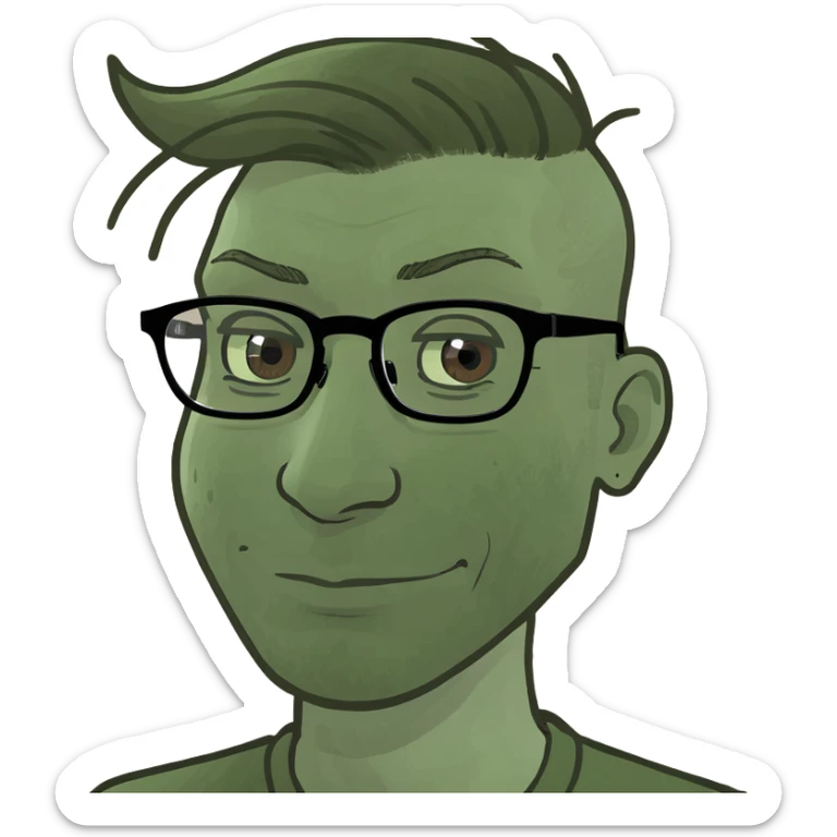 a dark-haired guy with hair to his earlobes, square glasses, brown eyes sticker