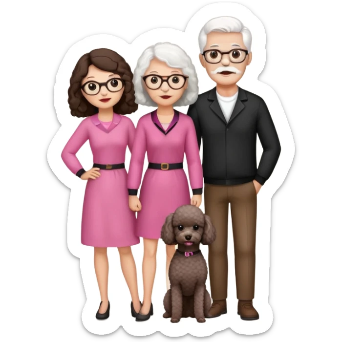 Family of four. The dad has white hair, glasses and a mustache. Mom has brown hair. Kids are in mid twenties a brunette girl wearing pink clothes and a brunette boy wearing black. They have two dogs small poodle mix where one is white and one is light brown sticker