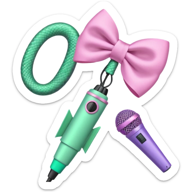 A pastel pink bow with a pastel green snake on the top of one side and a pastel purple microphone on the bottom of the other side sticker