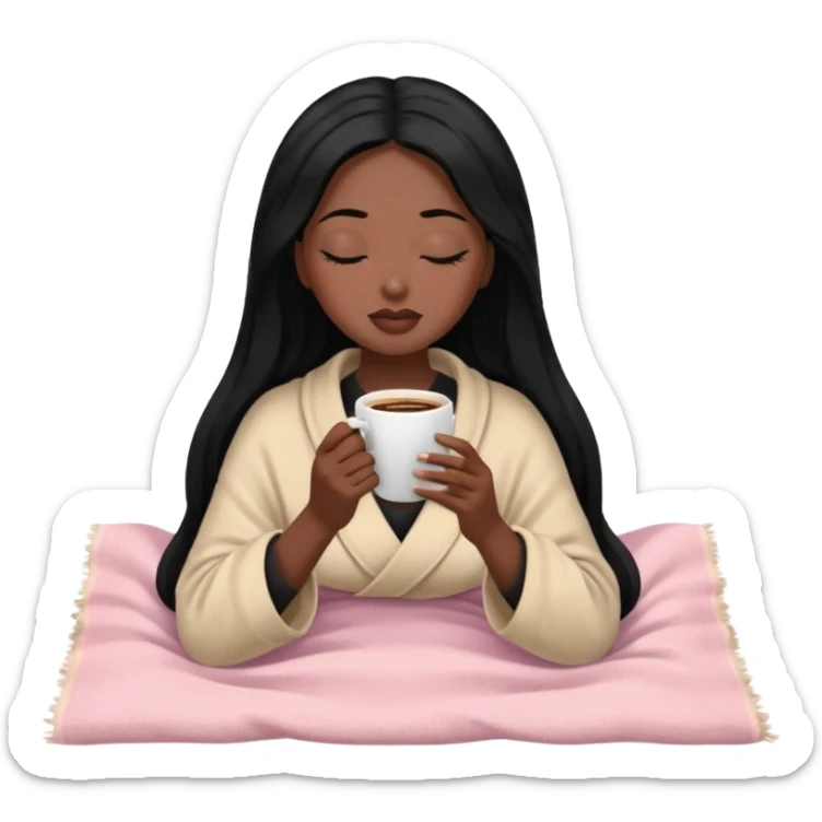 Black long hair lady with black skin inside a beige and light pink blanket sipping coffe with eyes closed  sticker