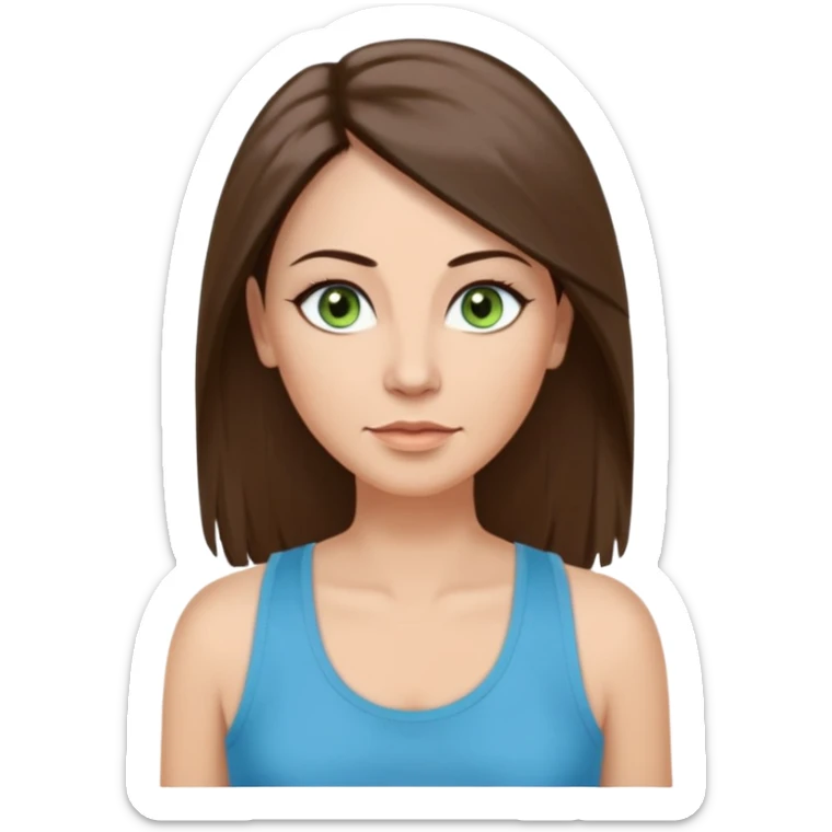 43 year old Adult woman avatar, light skin tone, long, oval face, long straight ashy brown hair, green almond-shaped eyes with dramatic eyelashes and minimal eyeliner, neutral mouth, medium straight eyebrows, small nose, smooth skin, sky blue tank top sticker