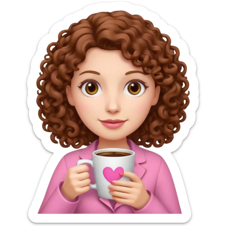 white woman with curly brown hair holding a pink coffee cup emoji sticker