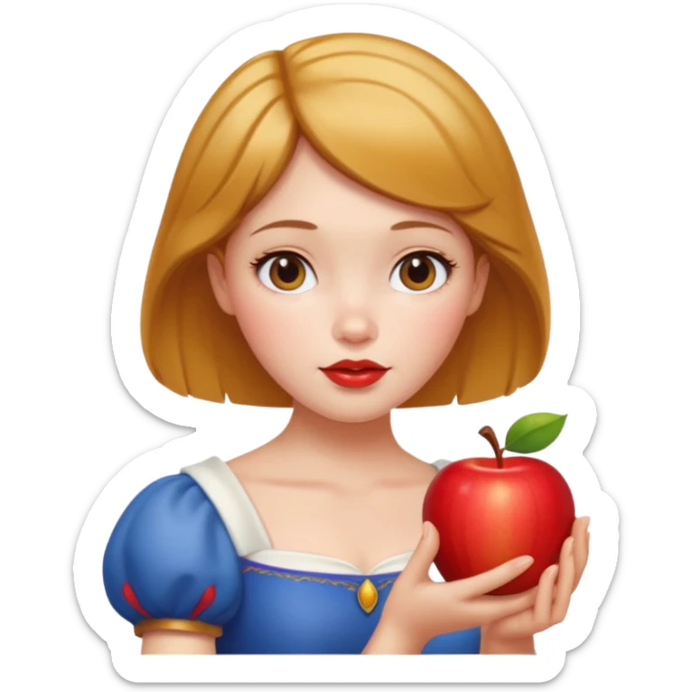 Create an emoji of Snow White holding a red apple, with short golden-brown hair. sticker
