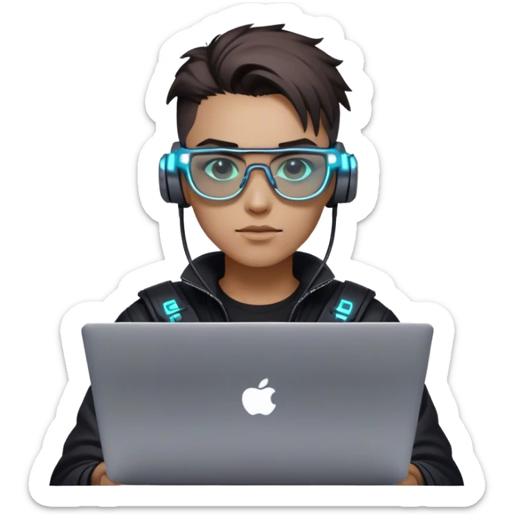 An emoji of a person with a laptop, but wearing cyberpunk glasses and with a slight neon glow sticker