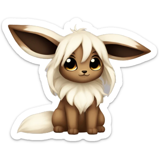 Kawaii Pale Shiny Eevee with dark brown long emo hair covering her eyes Full Body sticker
