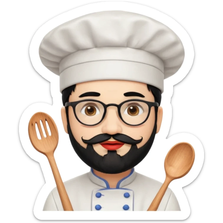 CHEF CON PIEL BLANCA, GORRO DE CHEF, PELO NEGRO Y BARBA NEGRA, OJOS MARRON OSCURO Y GAFAS DE PASTA NEGRAS. SONRIE Y TIENE MARCAS DE BESOS CON FORMA DE LABIOS EN LAS MEJILLAS (COMO MANCHAS DE PINTALABIOS) sticker