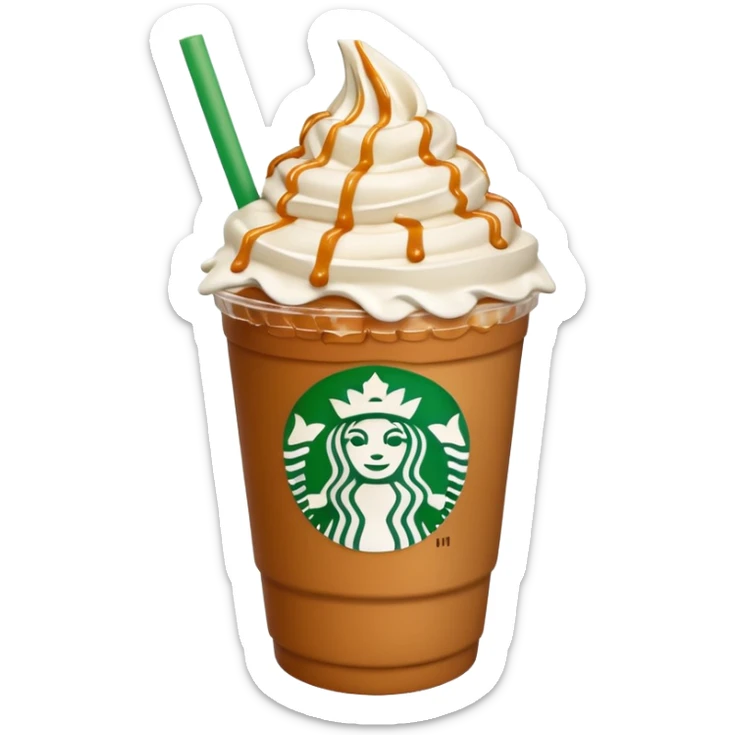 A 3D cartoon cup of caramel frappuccino topped with whipped cream and caramel drizzle, green straw, no logo, frosty texture, soft lighting, Memoji-style. sticker