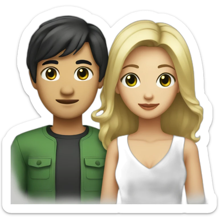 A couple consisting of a man with black hair and Asian black eyes, and a woman with blonde hair and green eyes. sticker