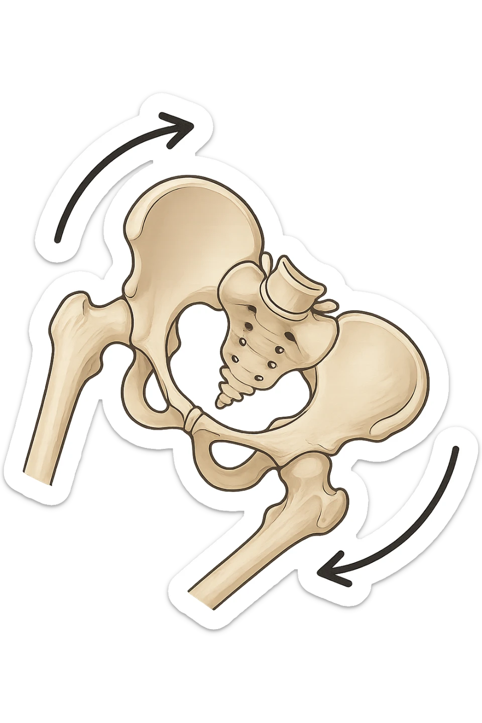 Bacino anatomico ruotato in senso orario con le frecce per far capire sticker