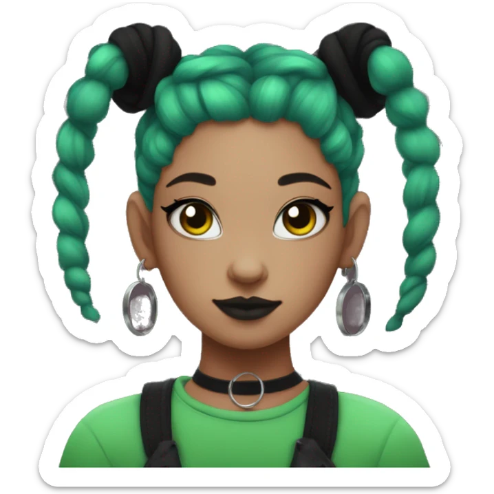 Goth girl, green space buns, red flannel, hoop earrings, cat eyeliner sticker