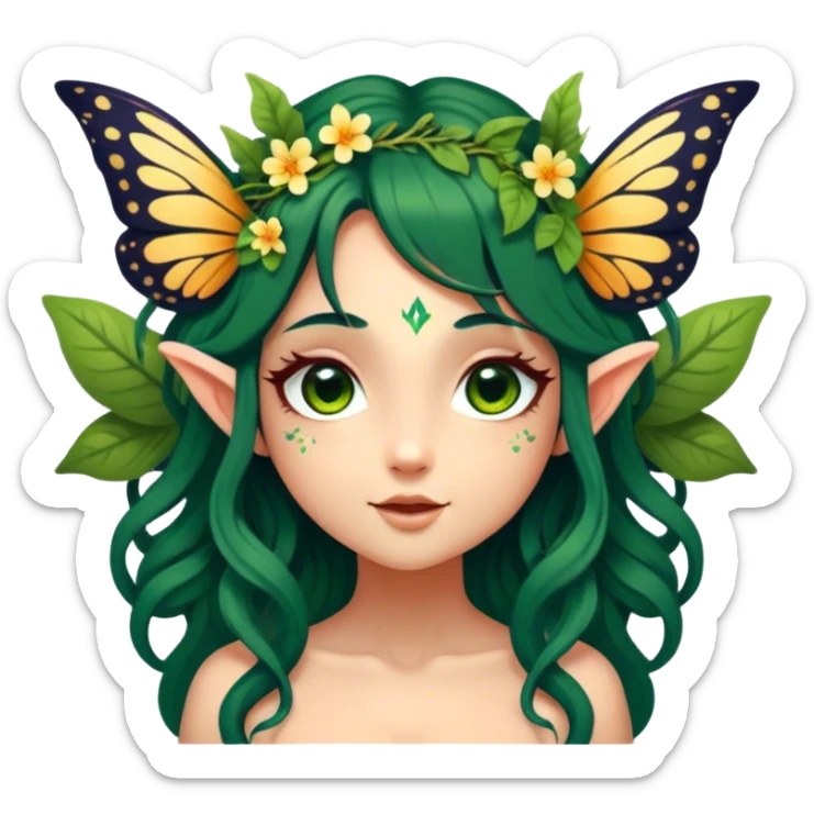 Cinematic Realistic Forest Nymph Fairy Portrait, head tilted playfully and inquisitively, showcasing a nature-inspired form with intricately detailed, sunlit tanned skin and cascading dark green hair interlaced with leaves and blossoms showing her large butterfly wings from her back. Her bright, curious eyes sparkle with forest mischief, rendered with lifelike clarity and warm, dappled lighting that captures the spirit of an enchanting woodland fairy ready to dance among the trees. sticker