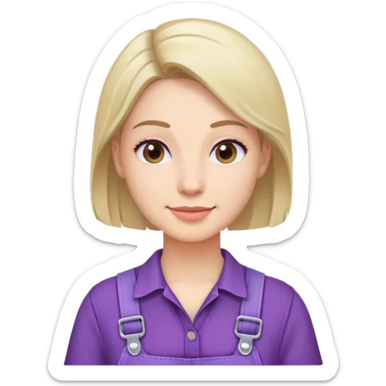 A woman emoji wearing purple overalls, with a neutral or slight smile, simple design, and casual style. sticker