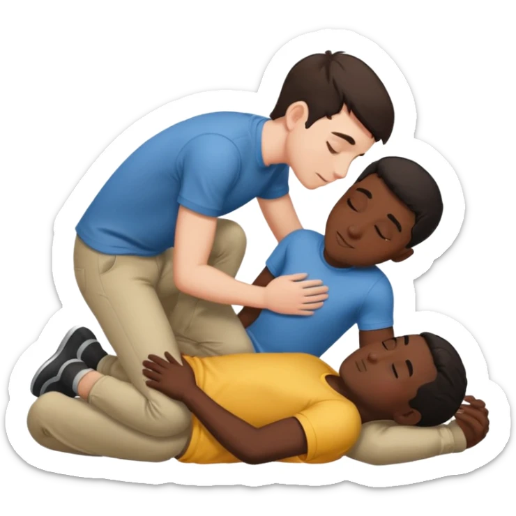 White male dark hair and black adult male naked, spooning on floor.,touching, kissing, in love sticker