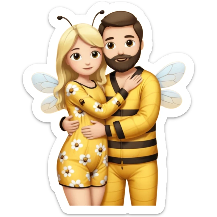  Man long dark brown hair, white skin, medium beard, full body in cute bee pijama hugging a woman with blonde hair in a flower suit  sticker