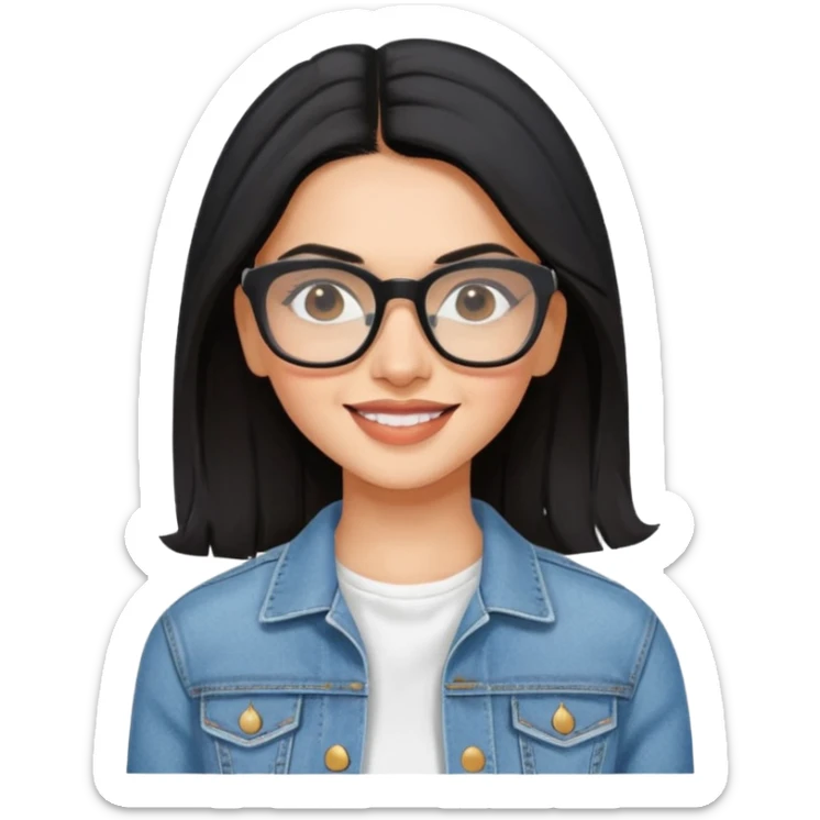 generate a pretty bratz emoji 
Make her wear a white dress with a denim jacket over it. black hair side part 

She should look exactly  like Deepika padukone. wearing rectangular spectacle, smiling sticker