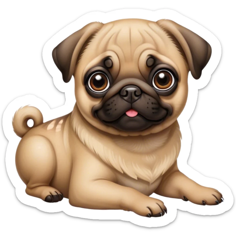 Cinematic Cute Fawn Pug Portrait Emoji, Head tilted playfully and inquisitively, featuring a smooth fawn coat with a subtle sheen, round, sparkling dark eyes filled with curiosity, Simplified yet irresistibly adorable features, highly detailed, glowing with a warm, friendly glow, high shine, affectionate and lively, stylized with a touch of whimsy, bright and endearing, soft glowing outline, capturing the essence of a mischievous yet loving pup, so playful it feels like it could bounce out of the screen and into your arms! sticker
