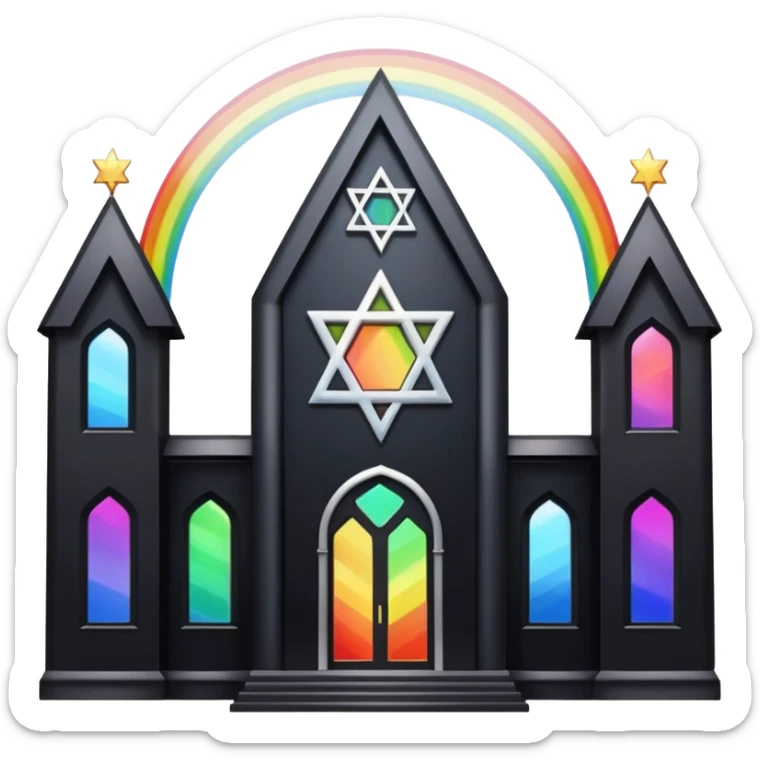 jewish synagogue temple in dark goth aesthetic style with black building and very light tint glass windows that are rainbow if looked at together. and star of david and celestial symbolism sticker