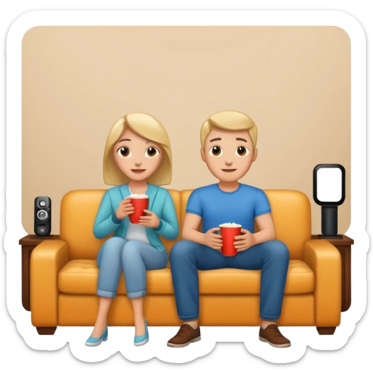 
A couple sitting on a sofa in a room enjoying a movie sticker